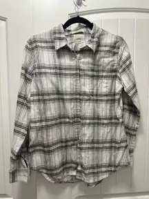 Beige White and Black Plaid Button Up