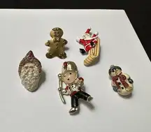Christmas Holiday Brooch Pins Lot Of 5 - Santa Claus, Gingerbread man, Snowman