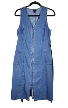 Mossimo Blue Denim Jeans Midi Dress Zip-up Pockets Sleeveless Tie Waist Size M