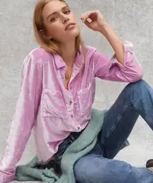Pilcro Anthropologie Mara Crushed Velvet Purple Button Up Relaxed Fit