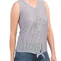 RACHEL ZOE Navy Blue White Striped Sleeveless Button Tie Knot 100% Linen Tank M