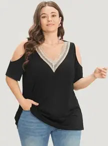 Bloomchic Plain Cold Shoulder Contrast Lace T-Shirt Black 14-16