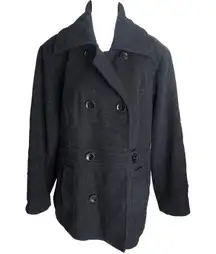 Black Double Breasted Wool Collared Long Sleeve Pea Coat Jacket