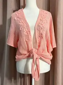 Alfred Dunner Pink Beaded Floral Tie-Front Crochet Cardigan