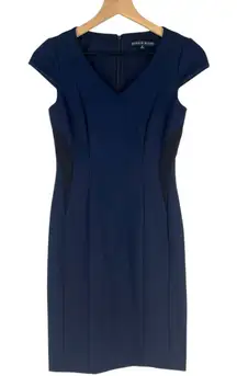 ANTONIO MELANI Navy & Black Cap Sleeve Stretch Ponte Knit Midi Sheath Dress 0