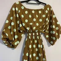 Dee Elly Brown Polka Dot Mini Dress Puff Sleeve Cut Out A Line Size Small