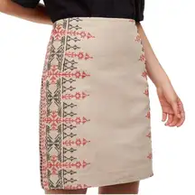 Ann Taylor Loft Pencil Skirt Linen Geometric Cross Stitch Pattern Lined Zip Tan
