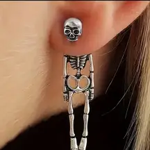 Girl Skeleton W/ Bow Silver Tone Pierced Earrings NEW!