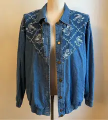 Vintage 90s Teddi Denim Jean Jacket w Embroidered Birds Elastic Size Large