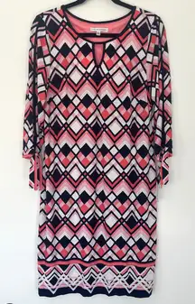 NWT Sandra Darren Women's Geometric Print 3/4 Sleeve Dress Coral Navy White‎ M