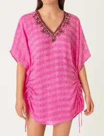 NWT Yumi Kim Maze Cover Up Jeweled Beaded Cinched Kaftan Hot Pink Sheer Size M/L