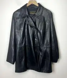 LORO‎ PIANA Womens Black Leather Jacket Size US12 IT48 Double Breasted Coat VTG