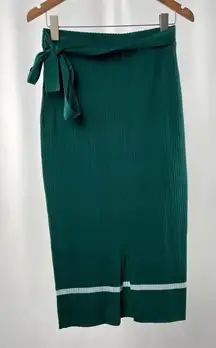 Roolee Ribbed Tie Waist Front Slit Midi Skirt‎ in Green Size Medium