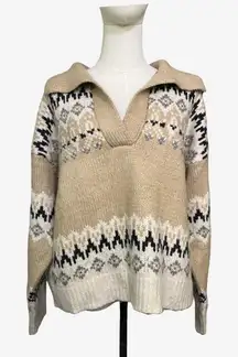 RDI Fair Isle Collared Sweater XL Beige Nordic Knit Split Neck NWT Nordstrom