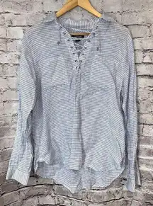 Lands'End  100% Linen Blue White Stripe Lace Up Long Sleeve Shirt Women’s 14