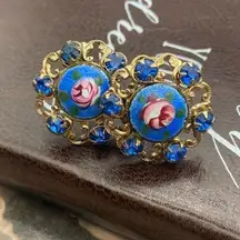 Vintage 1950s Guilloche Royal Blue Pink Floral Rhinestone Screwback Earrings