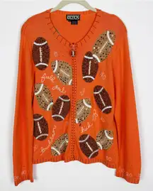 Berek Zip Up Cardigan Sweater Football Embroidered Orange Beaded Size Large