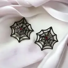 Gorgeous Retro Gothic Spider Web Stud Earrings with Ruby Color Decor Faux Fashio