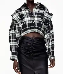 ZARA NWT  Cropped Plaid Flannel Shirt Crop Top Oversized Button Up Long Sleeve L