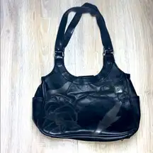 Black patchwork stitched floral handbag