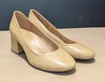 Vionic Carmel Tan Leather Block Heels Slip On Womens 7 Round Toe Officewear Corp