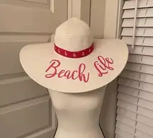 Coastalista|| White/pink “Beach Life” wide brimmed sun hat