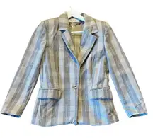 Gloria Vanderbilt vintage 100% wool grey plaid single button blazer