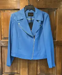 NWT Massimo Dutti Stonewashed Blue Biker Moto Jacket Size USA 10 Asymmetrical