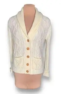 Vintage Cardigan Sweater Cream Cable Knit Long Sleeves Shawl Collar Button Up