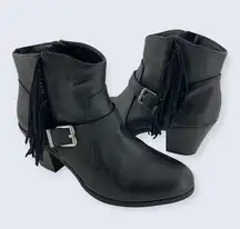 Circus Sam Edelman Leah Black Leather Fringe Buckle 3" Block Heel Ankle Boot 9.5
