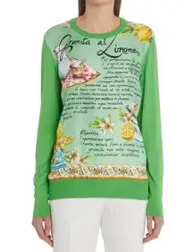 Dolce & Gabbana Lemon Granita Print Green Silk Crewneck Sweater NWT