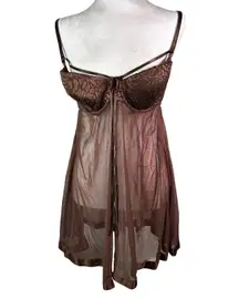 Cacique Brown Leopard Print Sheer Mesh Babydoll Chemise Lingerie 14 16