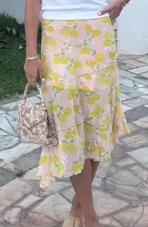 See You Monday Lemon Print Midi Skirt Ruffle Trim Asymmetrical Hem‎ Medium