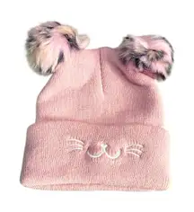 Pink Beanie Hat with Cat Ears and Faux Fur Pom Poms for Women