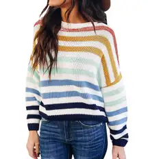 Long Sleeve Striped Color Block Casual Loose Knitted Pullover Sweater Top Medium