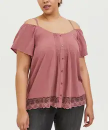 Dusty Rose Challis Lace Trim Cold Shoulder Button Front Top