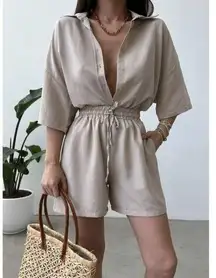 BLANK NYC Linen Blend Button Up Romper in Tan Size Medium