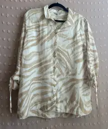 John Mark Linen Blend Zebra Print Cinch Long Sleeve Button Up Sz M White Tan