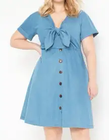 Eloquii Western Boho Blue Denim Chambray Bow Tie Front Dress Women’s Size 14