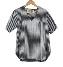 Ace & Jig Blue Striped V-Neck Short Sleeve Curved Hem Cotton Top XS