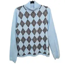 Apt. 9 100% Cashmere Sweater Women XL Light Blue & Grey Argyle Luxury Turtleneck