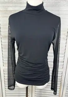 ADRIANNA PAPELL Black Mesh Sleeve Mockneck Knit Top with Side Ruching-Large