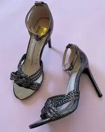 FRH Aerilyn Pewter Metallic Braided Woven Vegan Leather Heels