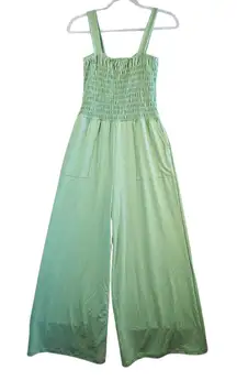 Rae Mode Sz L Green Smocked Wide‎ Leg Jumpsuit Stretch Pockets Soft Summer