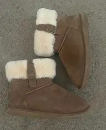 BearPaw Buckle Tan Suede Sheepskin Fur-Lined Classic Short Ankle Boots