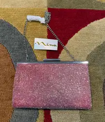 NWT Nina Pink Glitter Small Evening Purse Bag Formal Black Tie Metal Chain