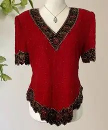 Boho Whimsigoth Red Black Gold Green Whimsical Embroidered Beaded Blouse