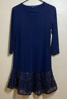 Tiana B Navy Lace/Sequin Flounce Hem Stretch Jersey Drop Waist A-line Dress Navy