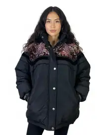 Vintage Triple FAT Goose Down Parka Coat Womens L Black Velvet Fur Trim Hood