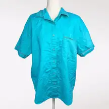 Vintage 90s Blue Button Up Shirt Eyelet Trim Boxy Fit Top Small